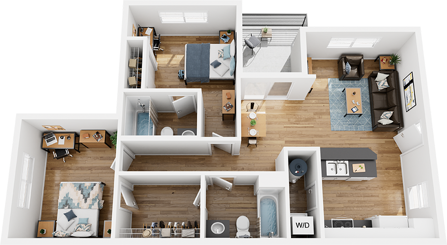 A 3D image of the 2 Bed/2 Bath floorplan, a 958 squarefoot, 2 bed / 2 bath unit